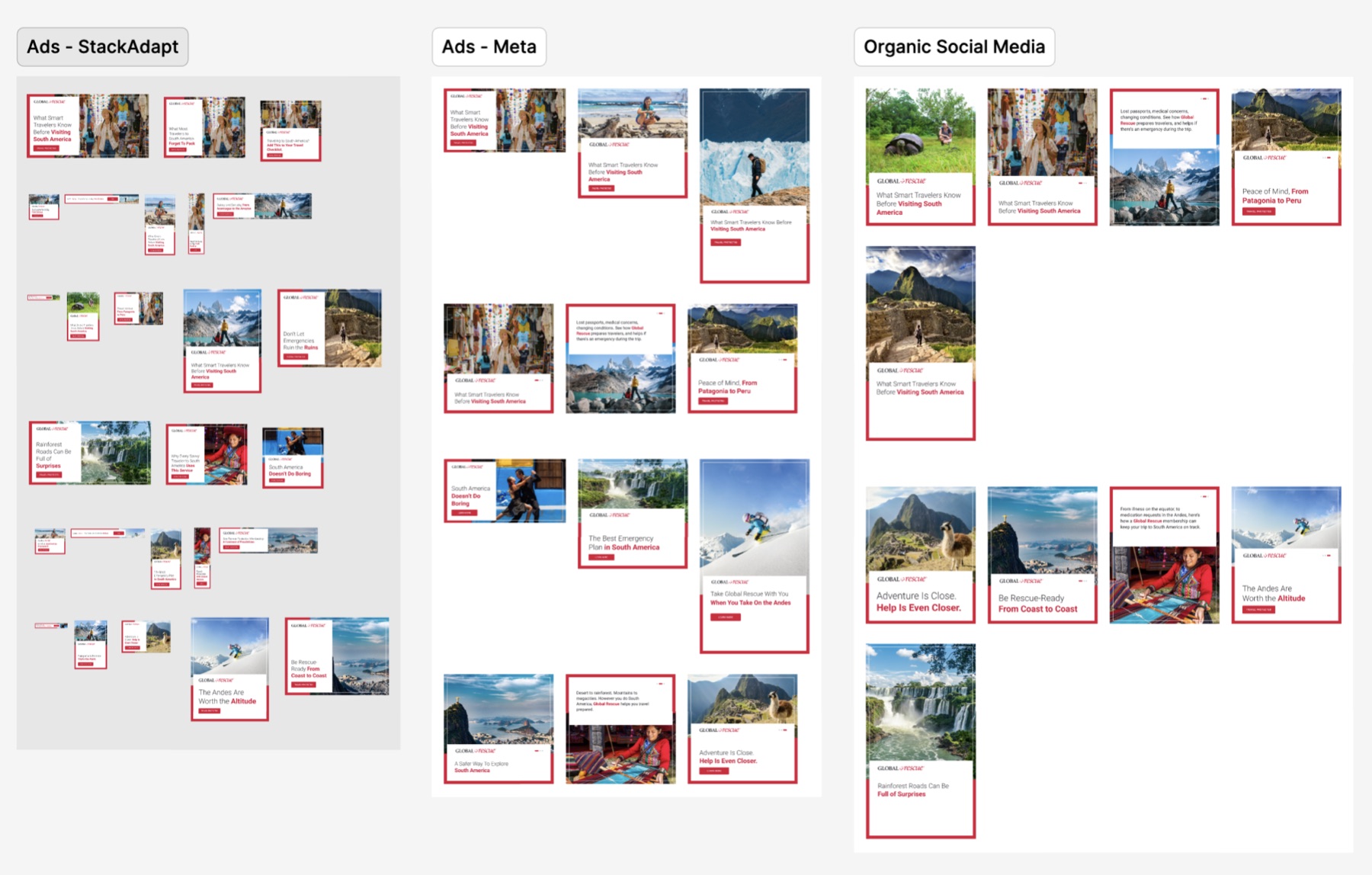 The same campaign built out across three boards: StackAdapt display sizes, Meta placements, and organic social