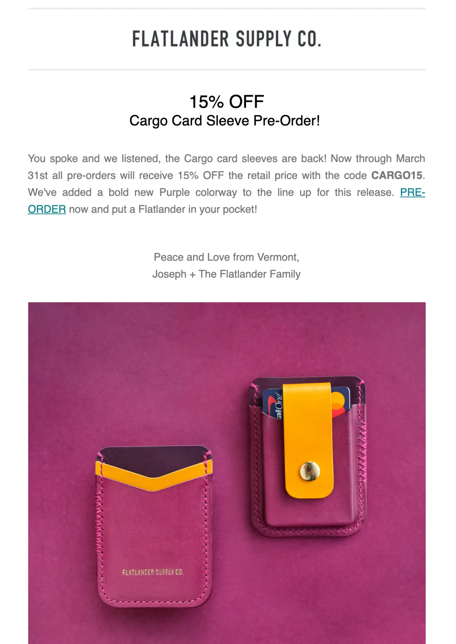 Marketing email announcing a Cargo Card Sleeve pre-order at fifteen percent off with the code CARGO15 and a new purple colorway