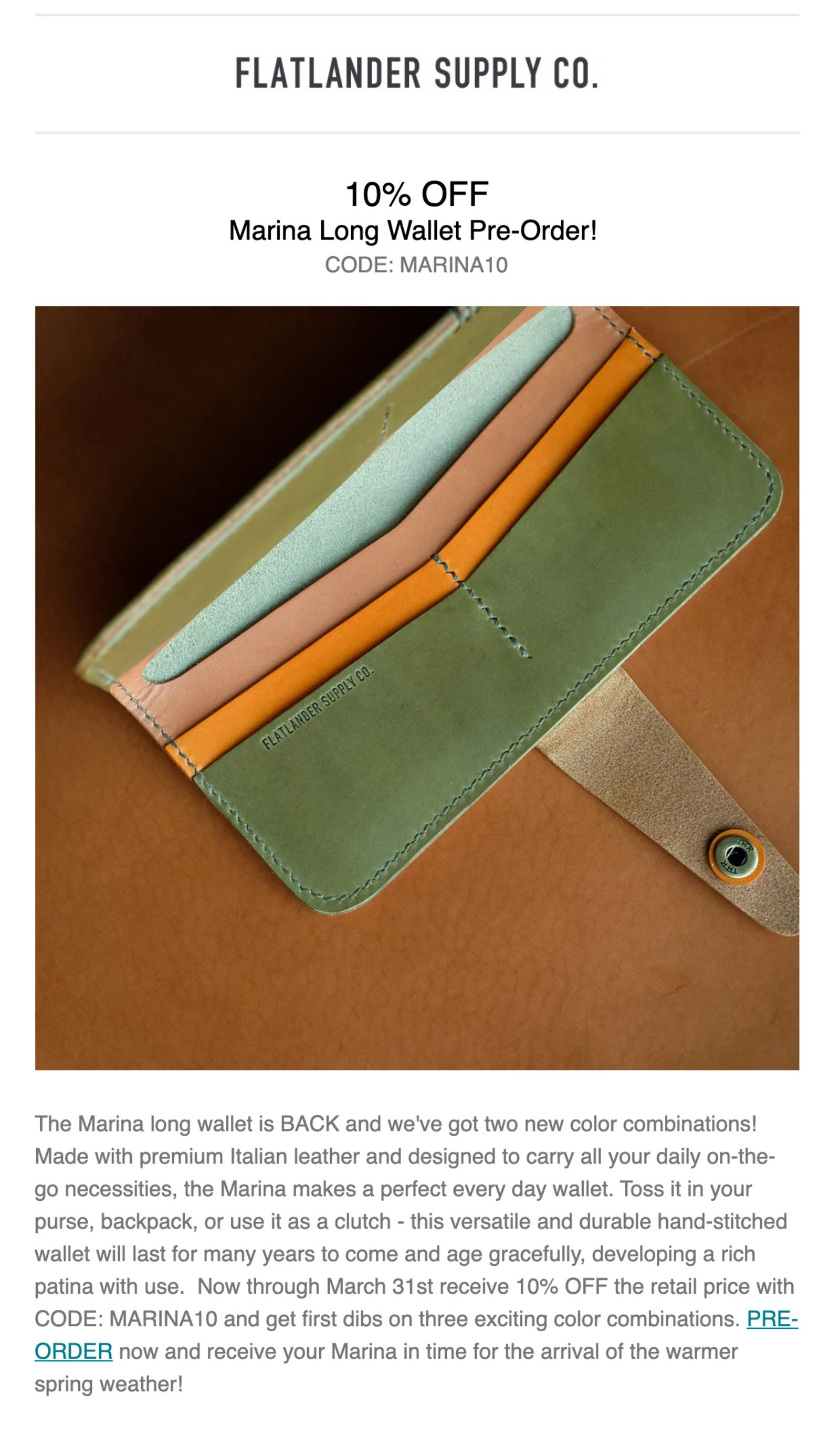 Marketing email for the Marina Long Wallet pre-order at ten percent off with the code MARINA10