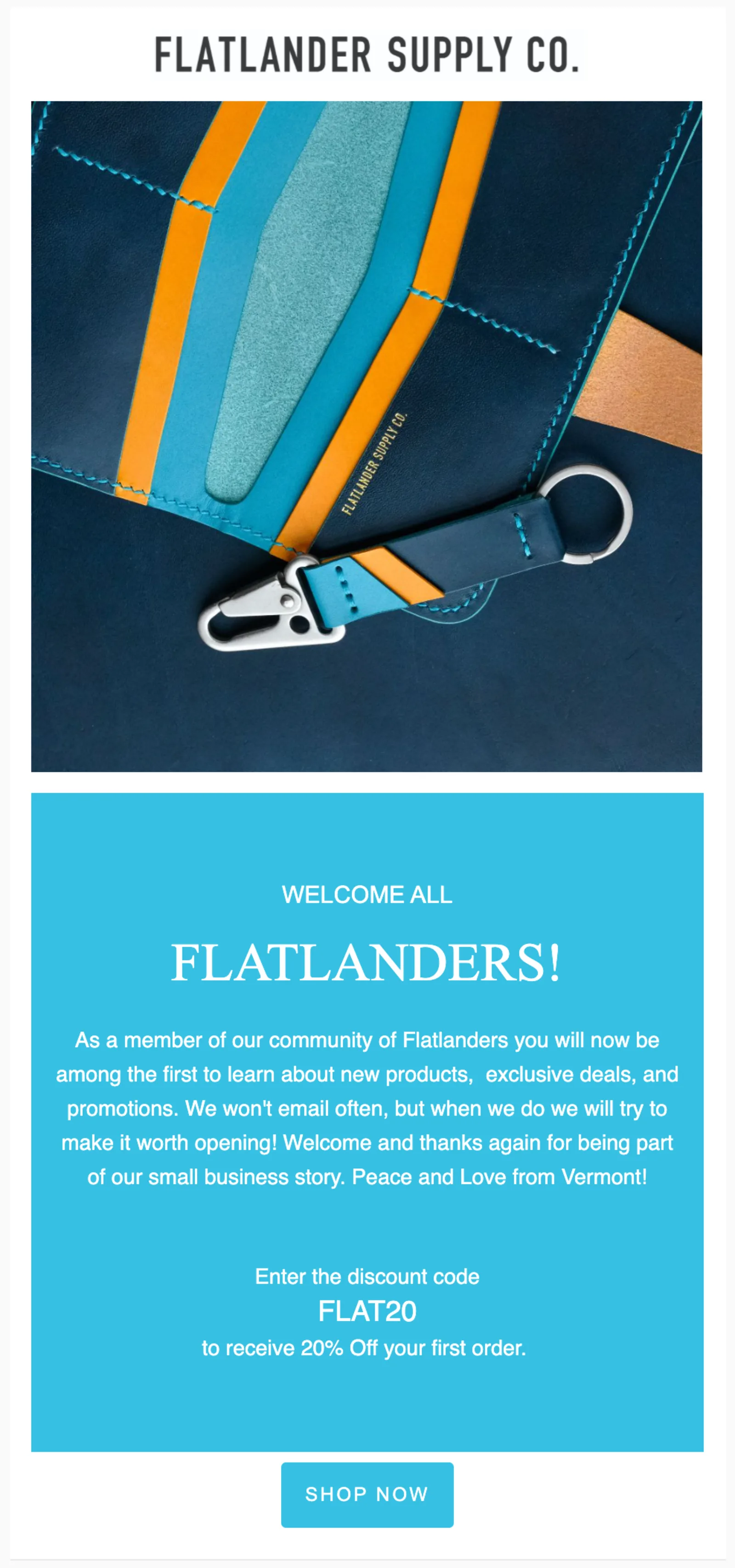 Welcome email on cyan — Welcome all Flatlanders, with the discount code FLAT20 and a Shop Now button