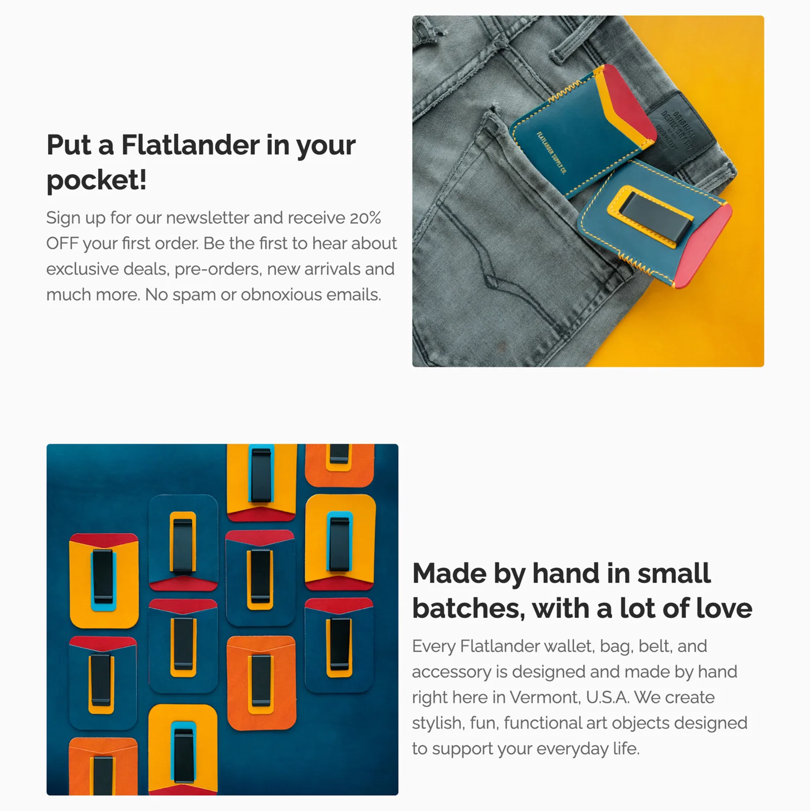 Site content blocks — a newsletter pitch beside a back-pocket product shot, and a made-by-hand block beside a grid of money clips
