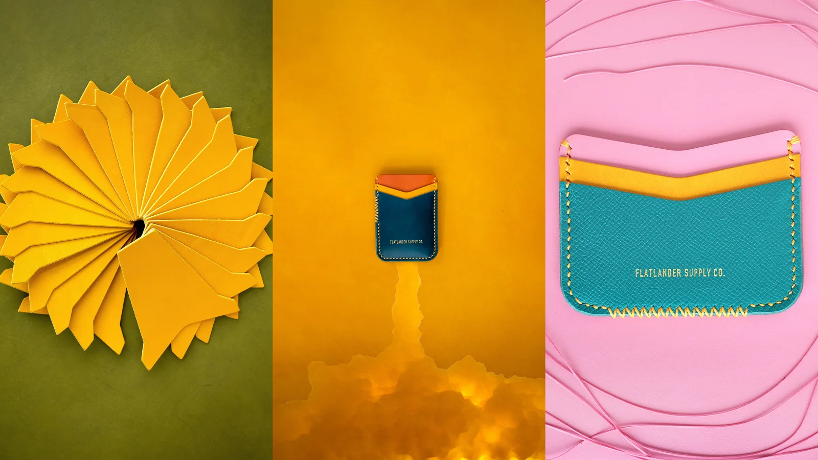 Flatlander Supply Co. — leather offcuts, a card sleeve, and a leather wallet on saturated paper