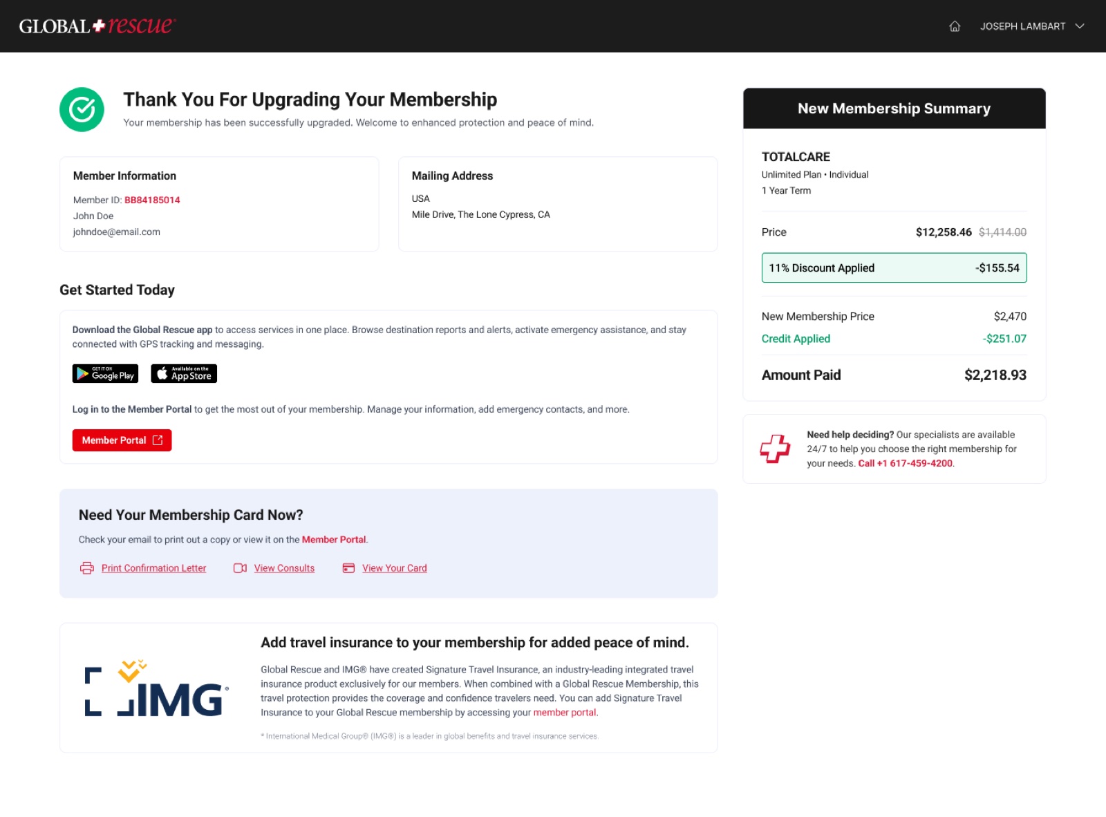 Confirmation page — thank you for upgrading, app download, and member portal onboarding