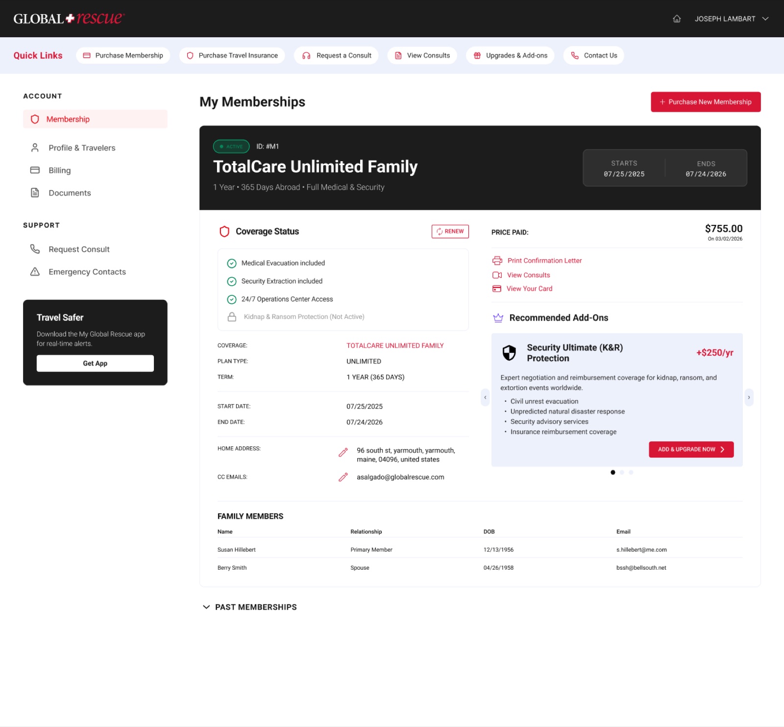 Member dashboard showing K&R protection as an inactive add-on with a Security Ultimate recommendation