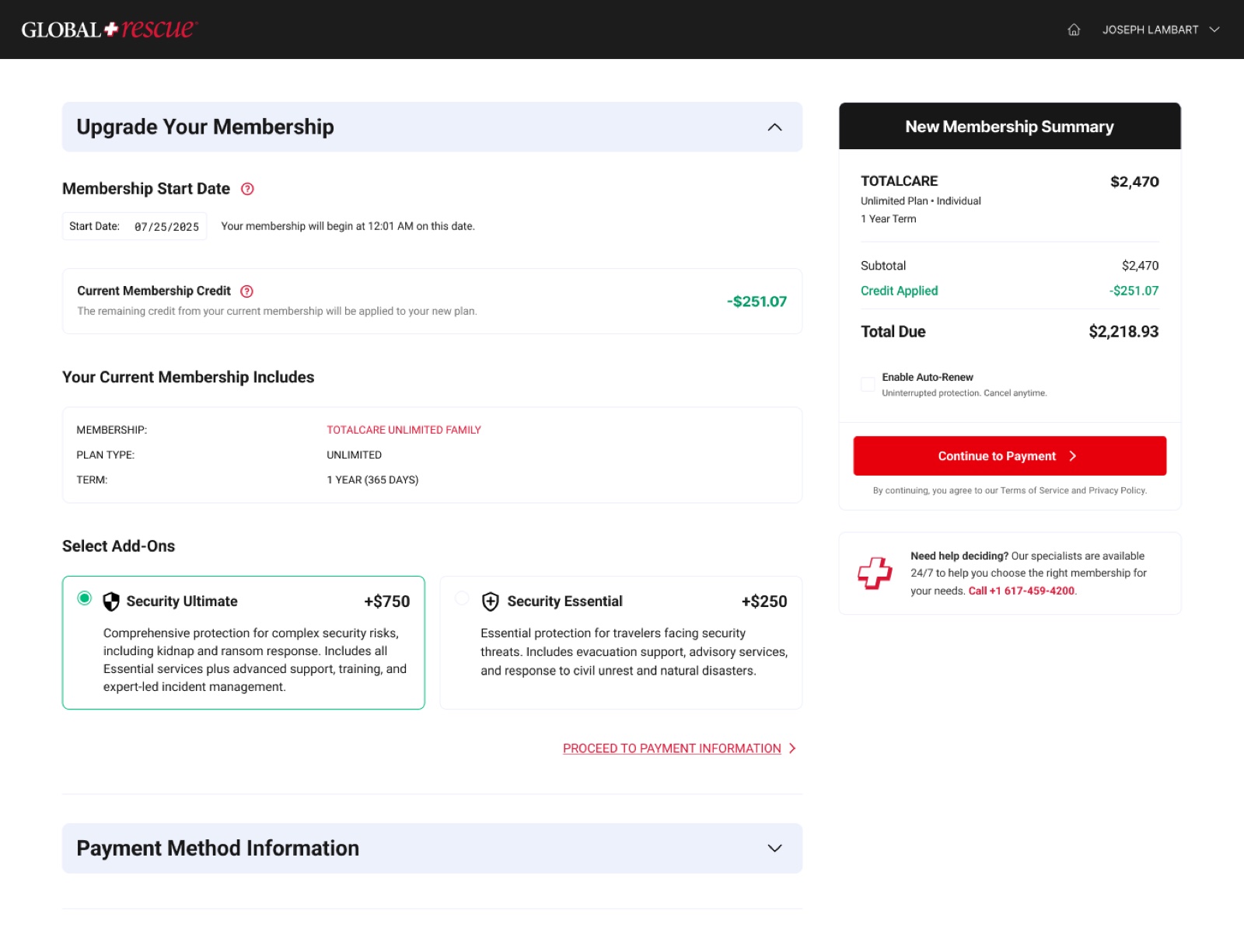 Upgrade flow — selecting Security Ultimate or Security Essential add-ons with credit applied and order summary
