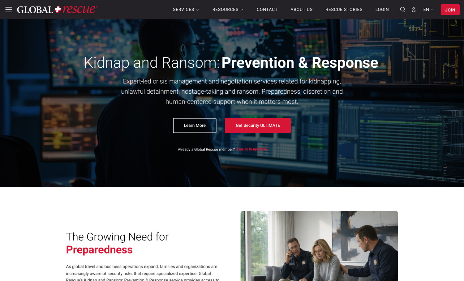 Kidnap and Ransom: Prevention & Response marketing page — dark operations-center hero, expert-led crisis management