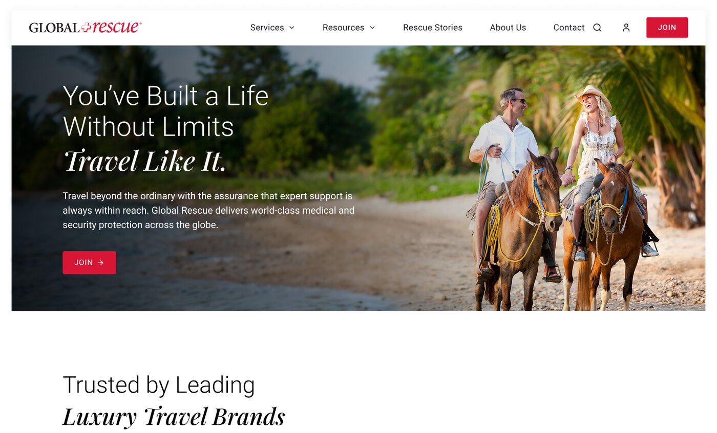 Luxury landing page, editorial treatment — light and airy, 'You've Built a Life Without Limits — Travel Like It'