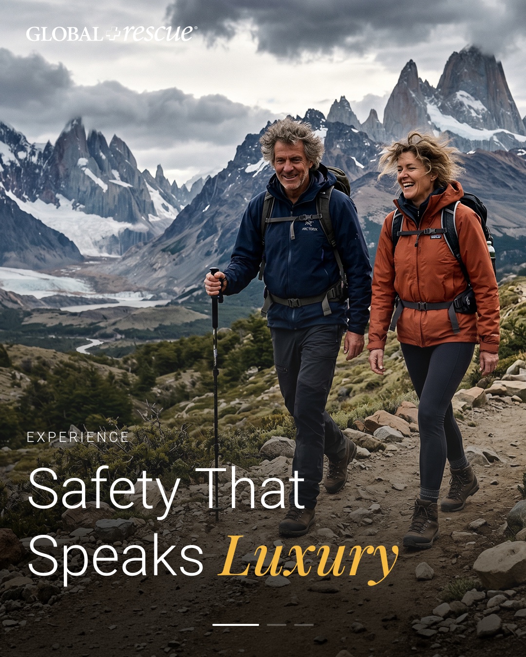 Paid social creative — a couple hiking in Patagonia, 'Experience Safety That Speaks Luxury'