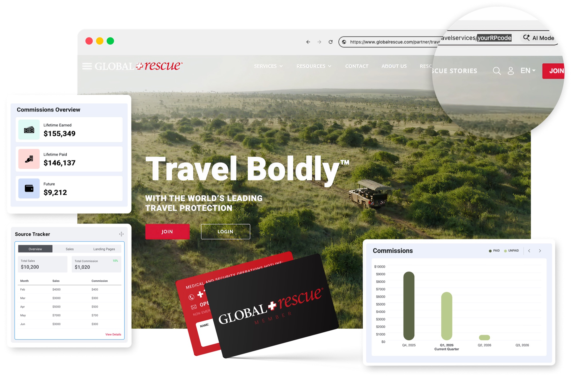 Partner Portal module system — draggable cards for resources, commissions, announcements, and tracking