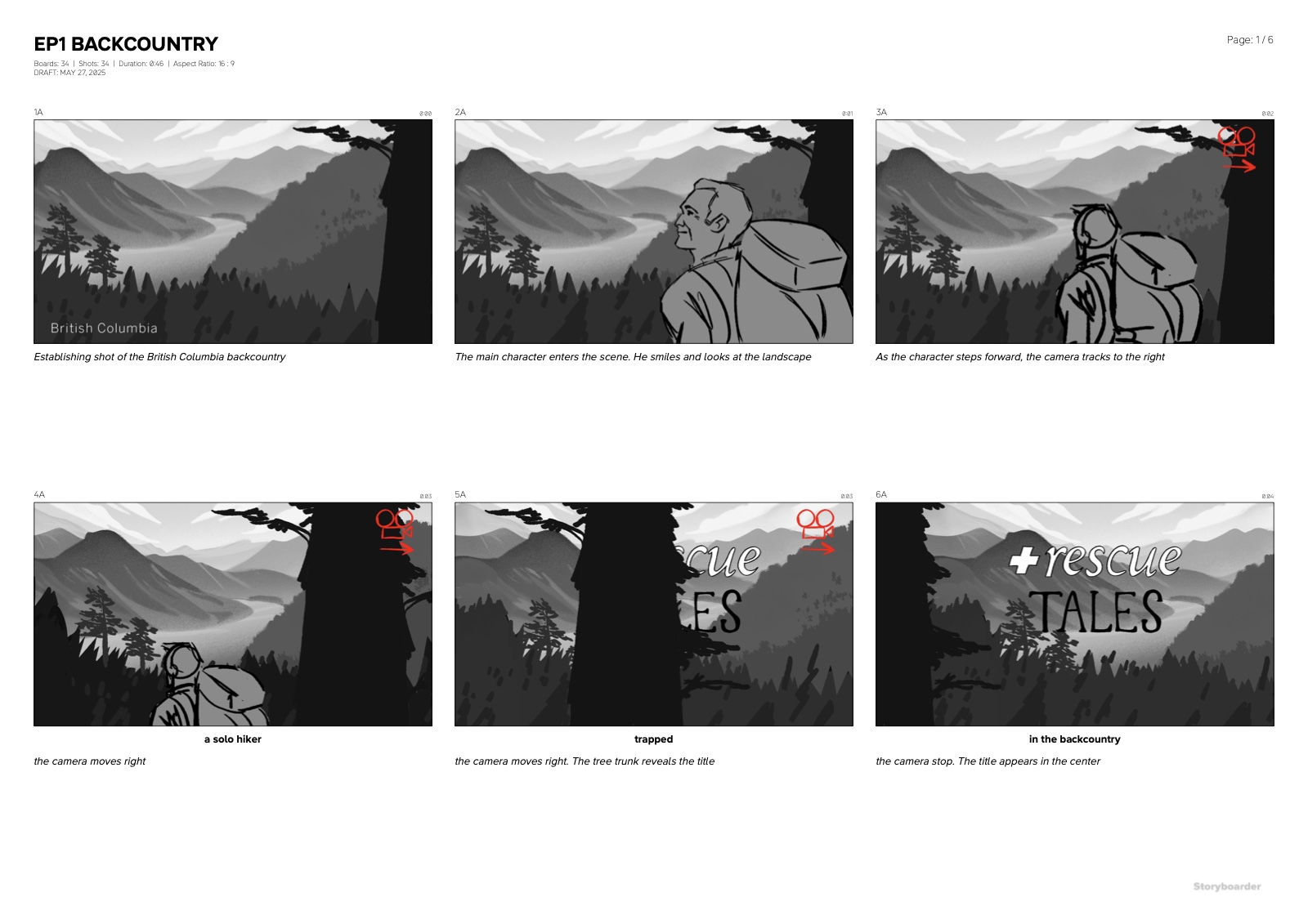 Episode 1 storyboard — 34 boards opening on the British Columbia backcountry, hiker entering frame, title reveal