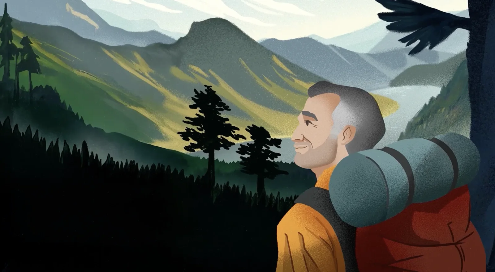 Rescue Tales animated series — illustrated hiker above a valley