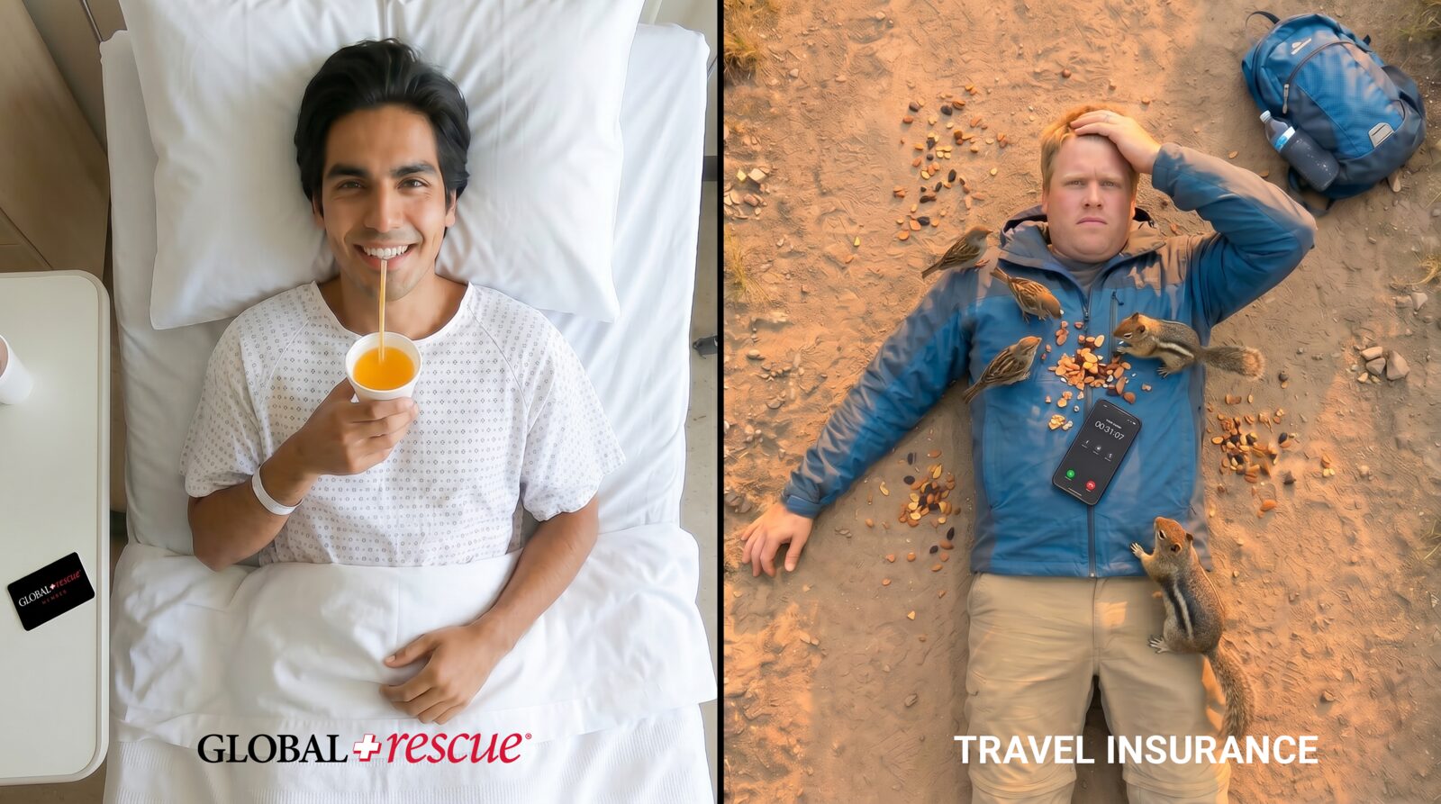 AI-generated concepting frame: Global Rescue traveler in a hospital bed