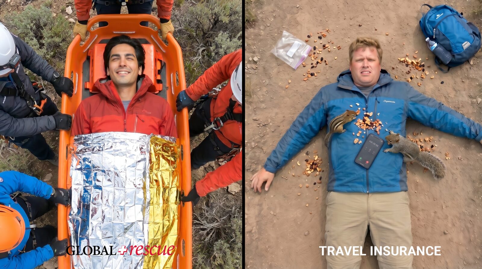 AI-generated concepting frame: Global Rescue traveler on a rescue stretcher