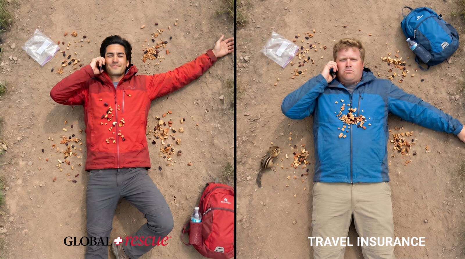 AI-generated concepting frame: both hikers on the trail, split screen