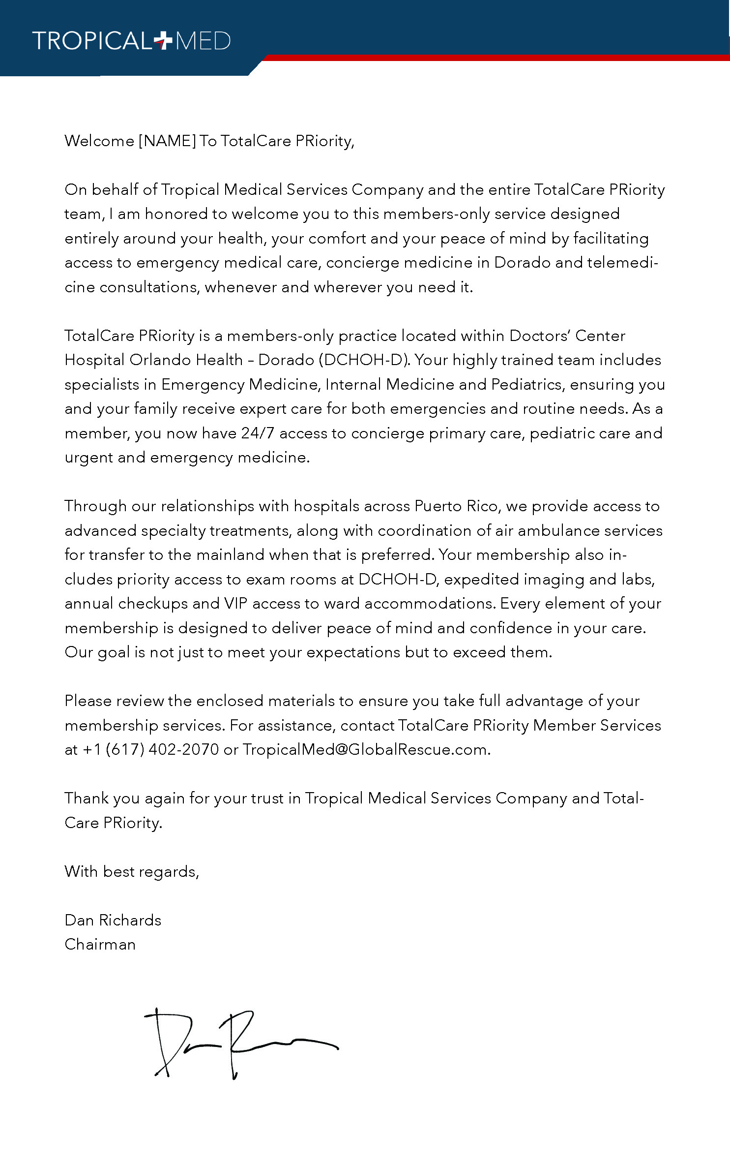 CEO welcome letter from Dan Richards, Chairman — personalized letterhead on Tropical Med branded stationery