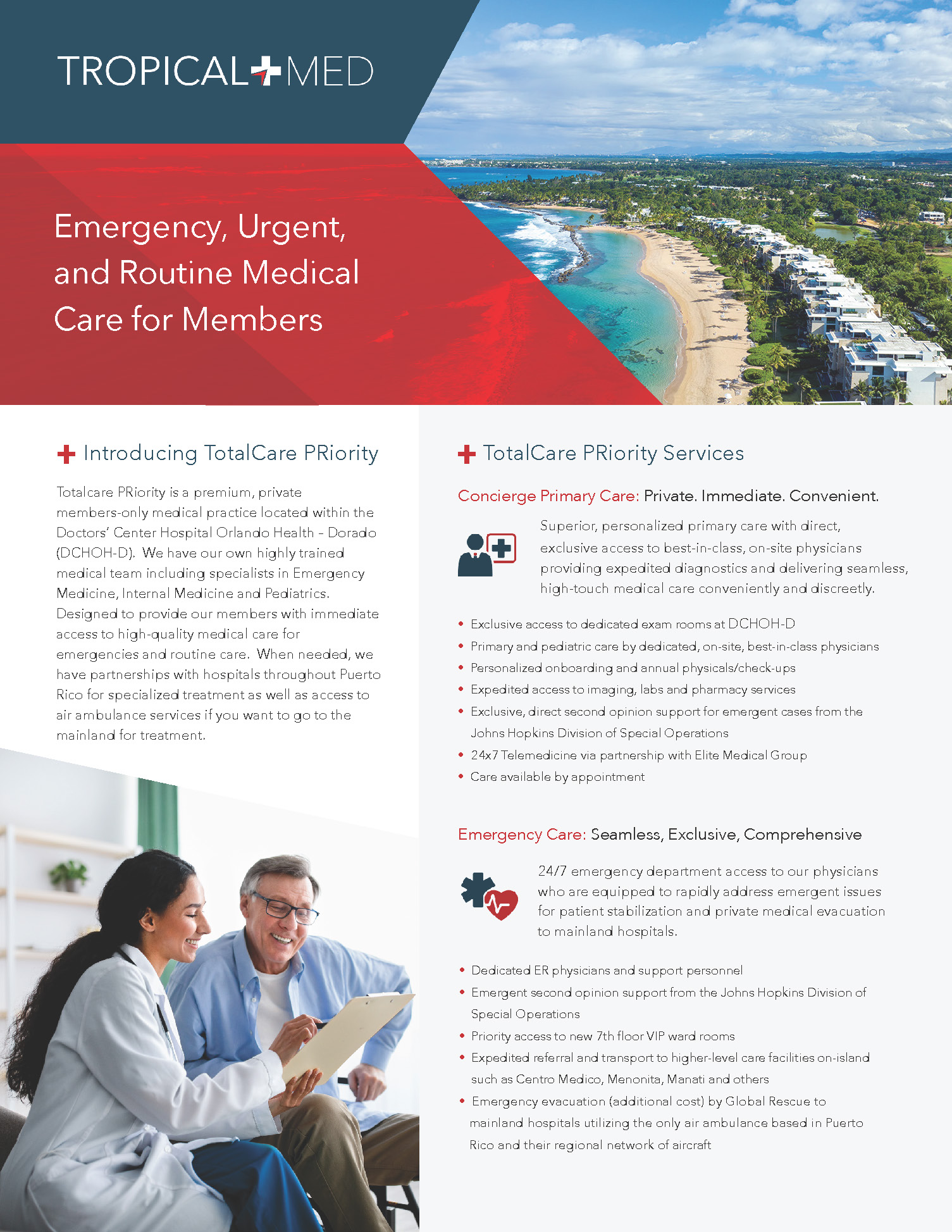 Two-page membership acquisition flyer — service overview, concierge and emergency care sections