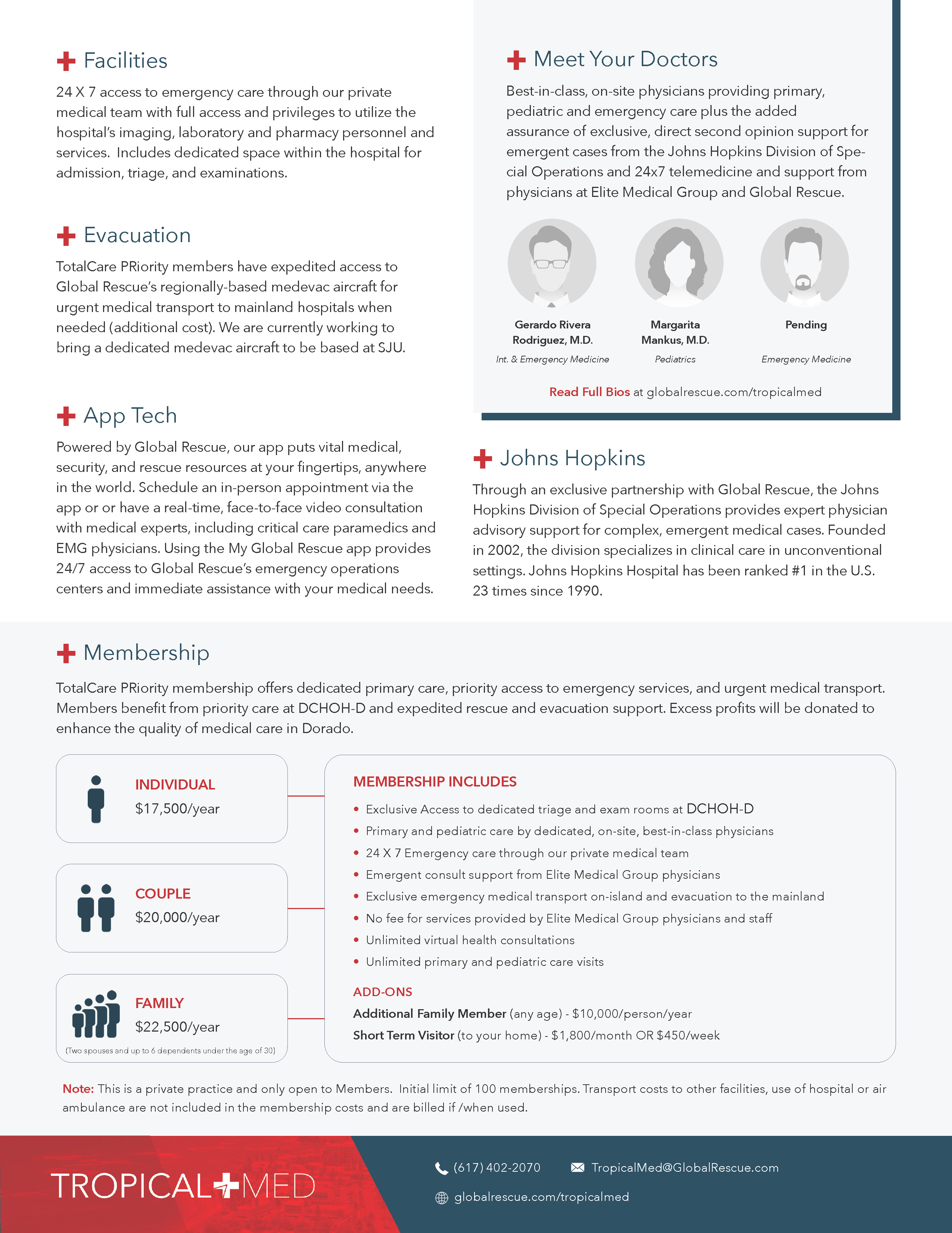 Two-page membership acquisition flyer — physician bios, Johns Hopkins partnership, pricing tiers