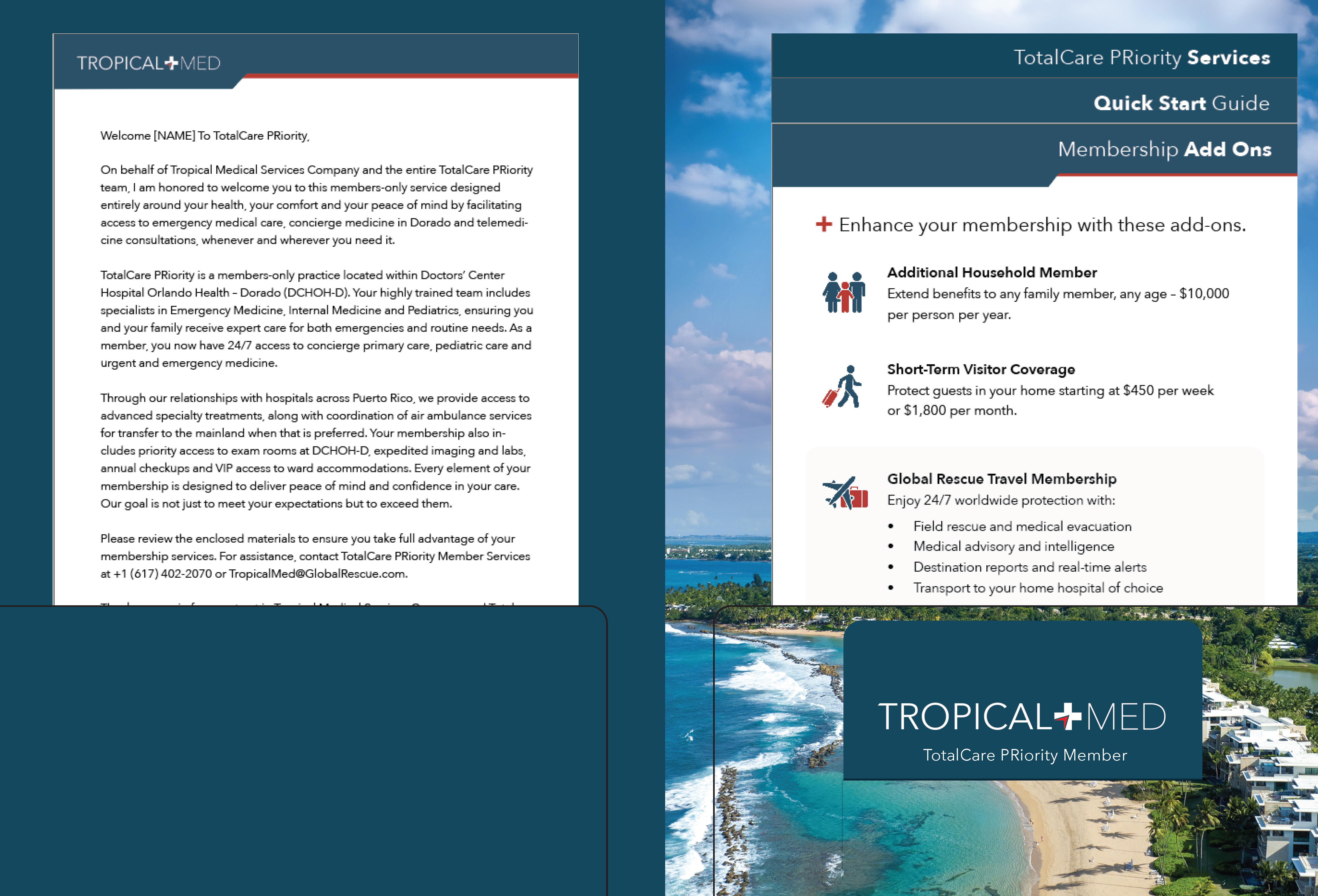 Tropical Med welcome folder — front cover with TotalCare PRiority wordmark and premium print finish