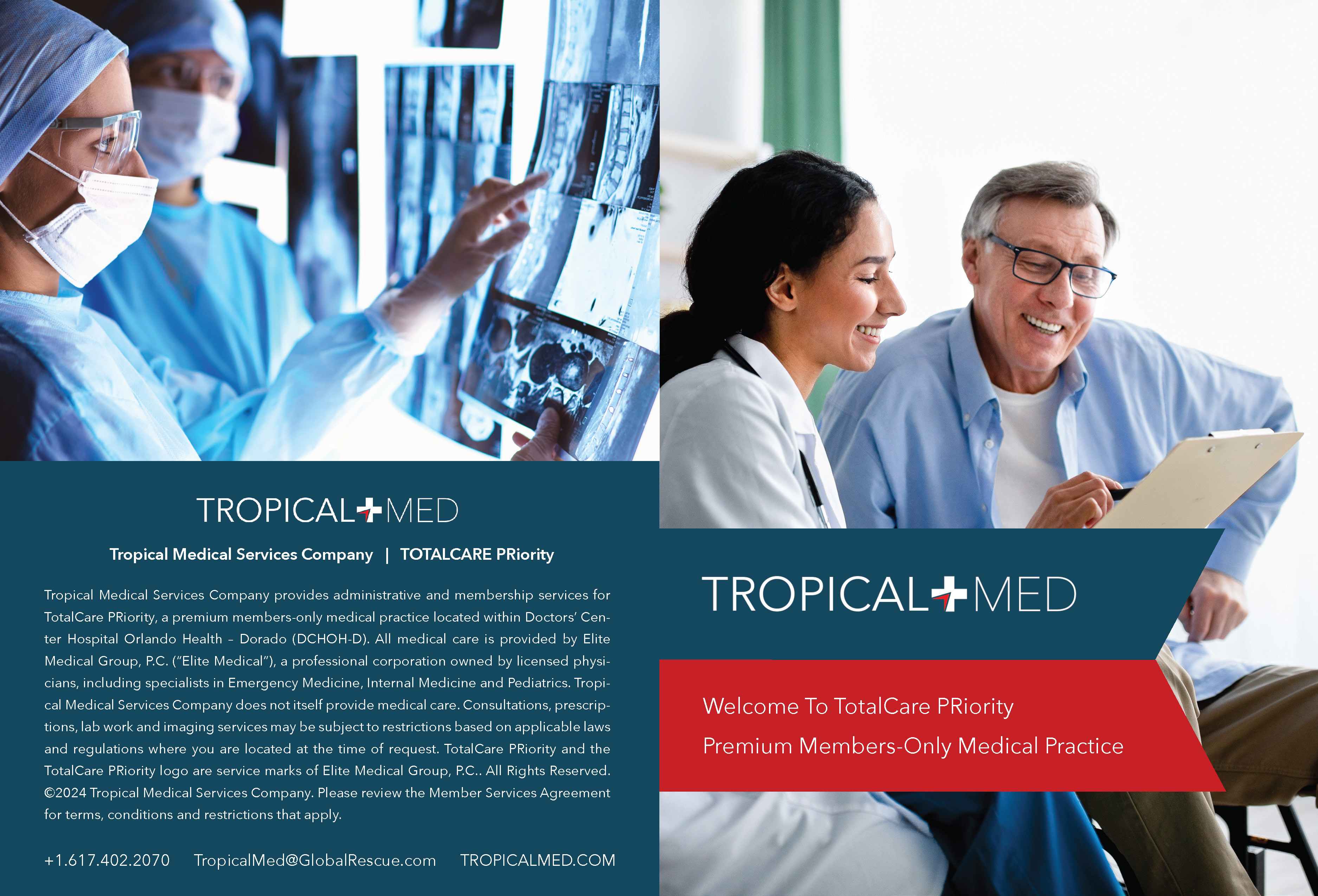 Tropical Med welcome folder — inside spread showing pocket panels