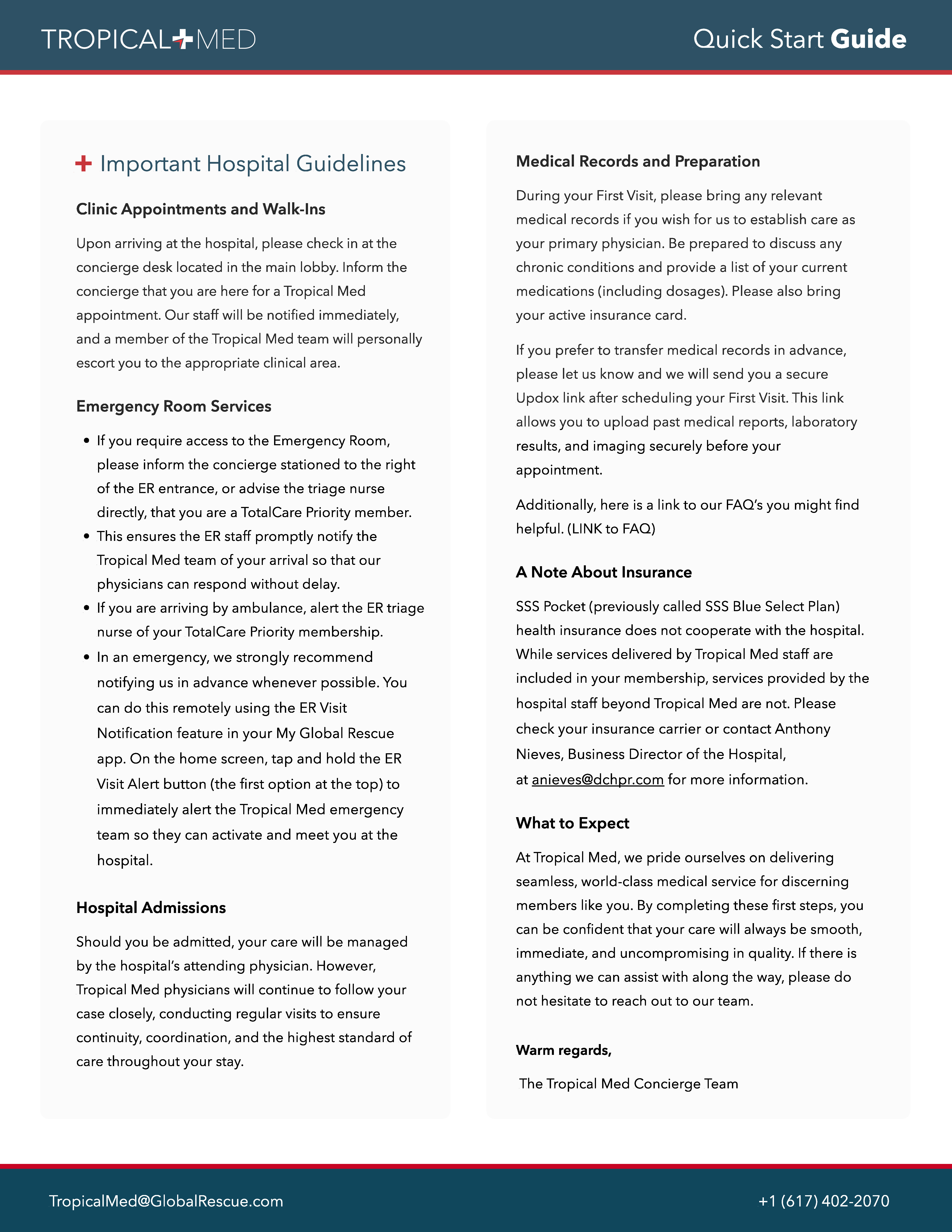 Quick Start Guide page two — hospital guidelines, emergency protocol, and insurance notes